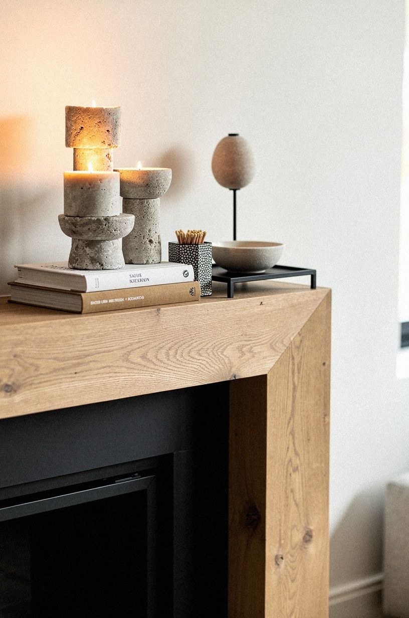 Stack books under chunky stone candleholders