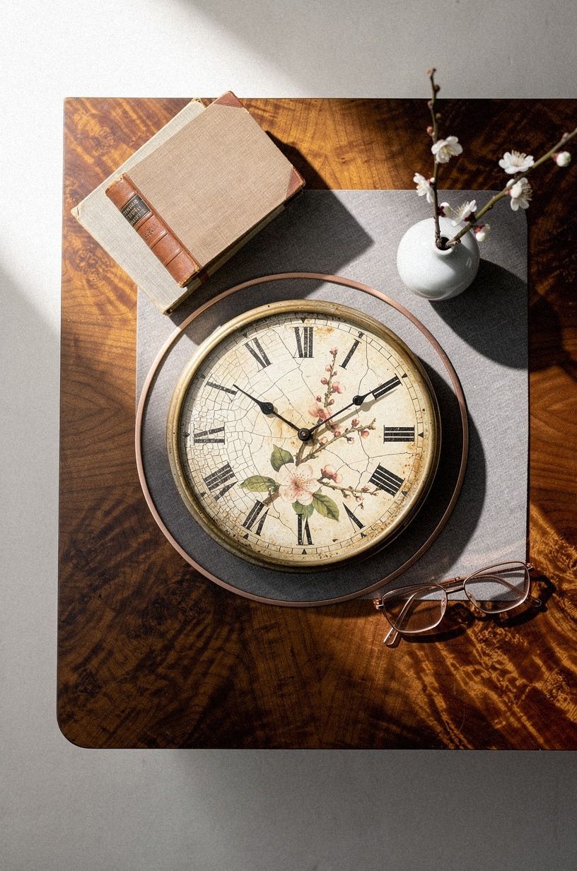 Layer floral artwork behind the clock face