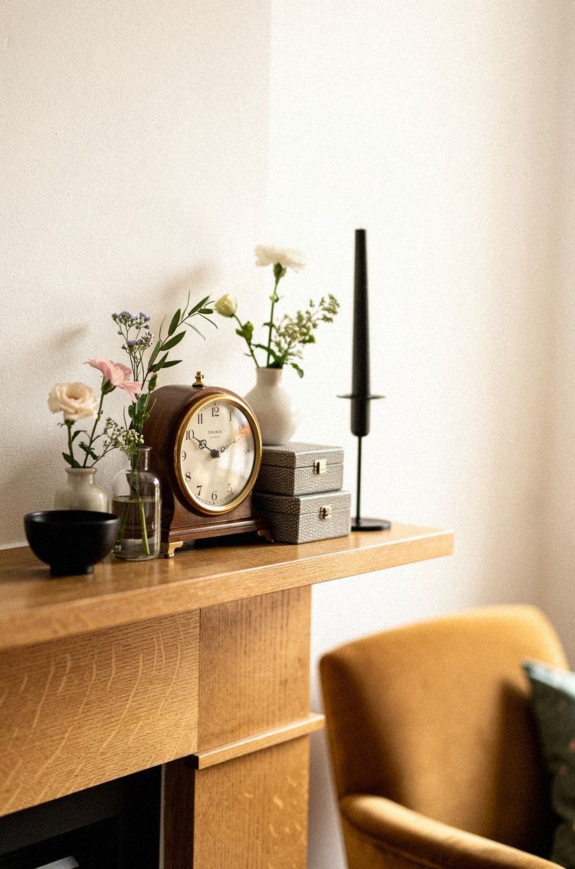 Cluster bud vases around a vintage clock
