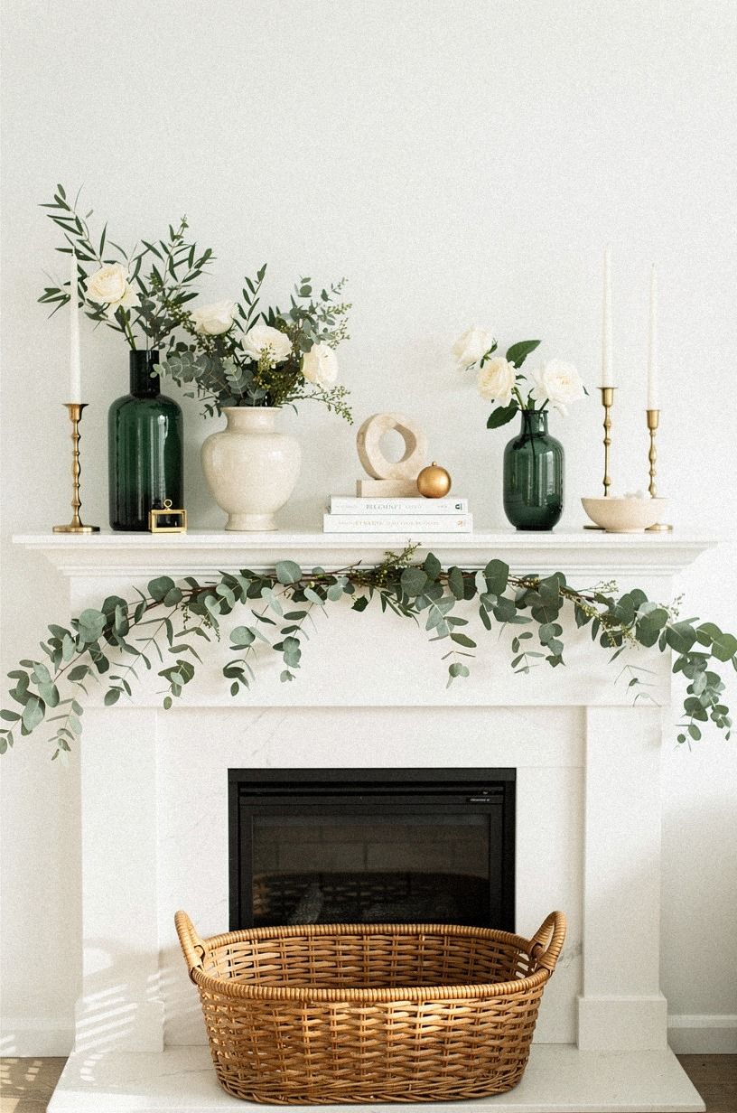 Tucked Farrow & Ball Studio Green-toned seeded eucalyptus under the mantel shelf
