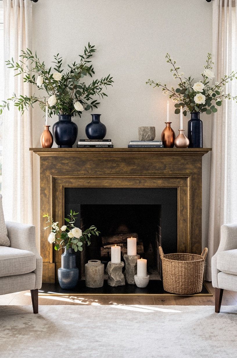 Grouped bud vases near one mantel edge