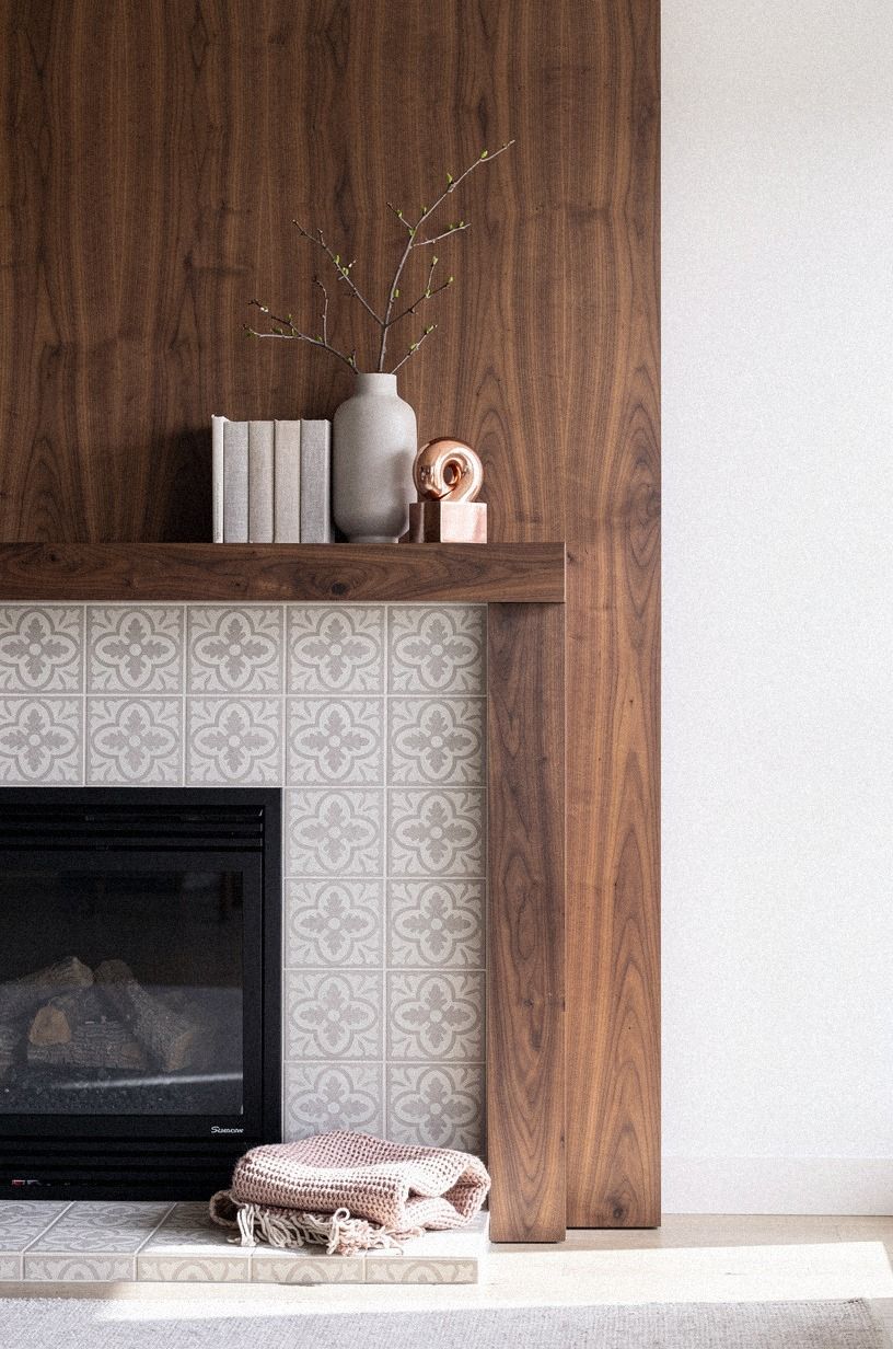 Stencil tile patterns around the firebox