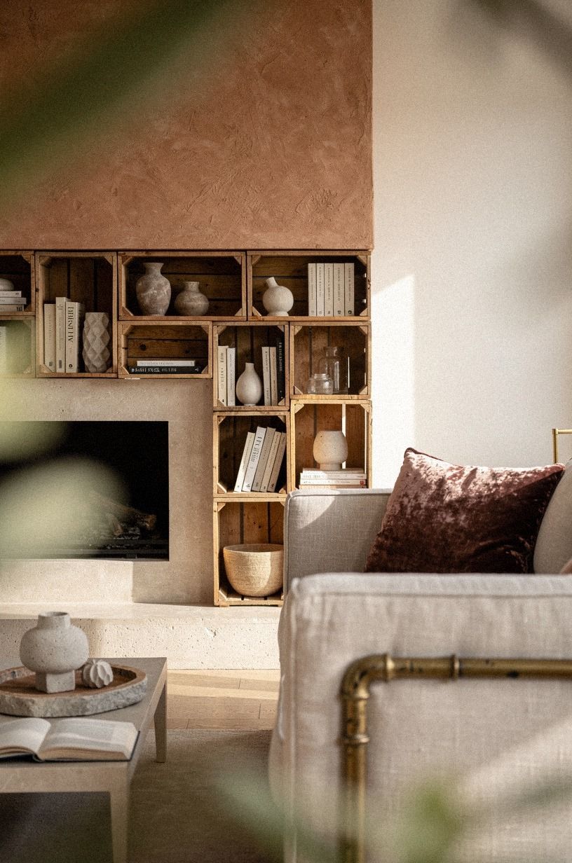 Frame the hearth with painted storage crates