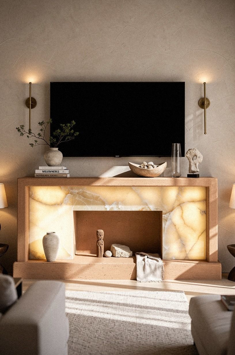 Flank the television with slim brass sconces