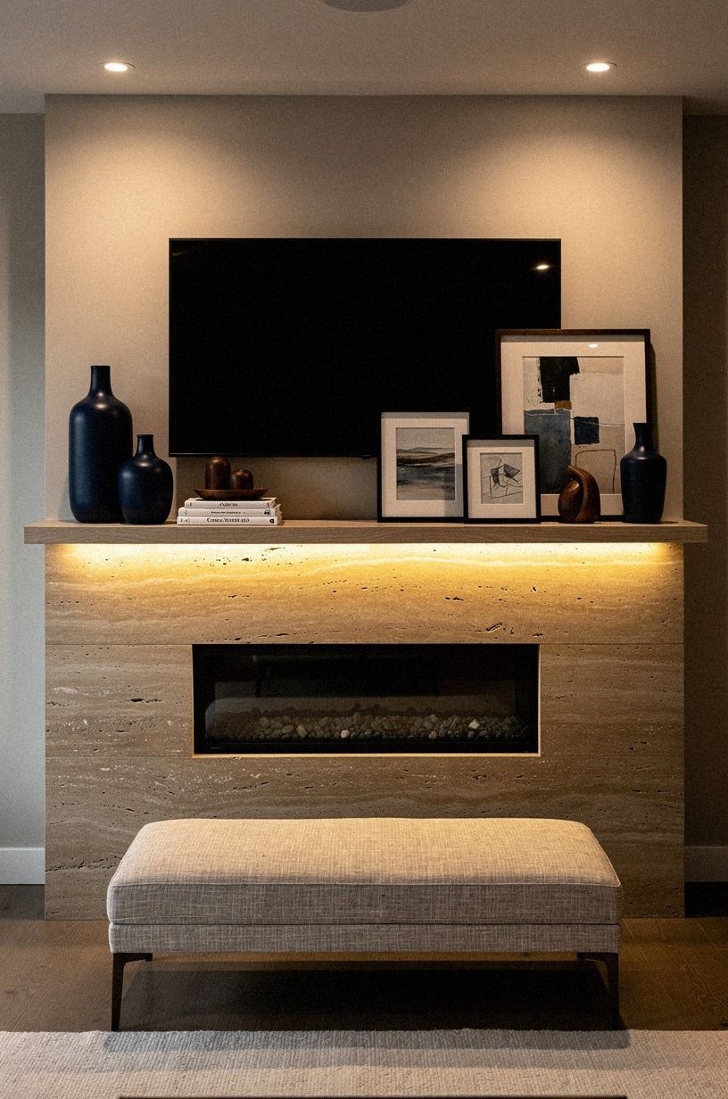 Run a picture ledge under the mantel TV