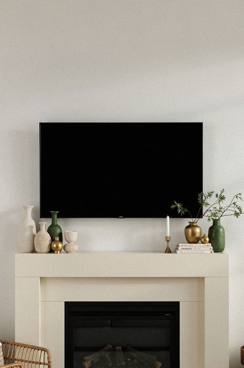 Cluster ceramic vases on one mantel corner