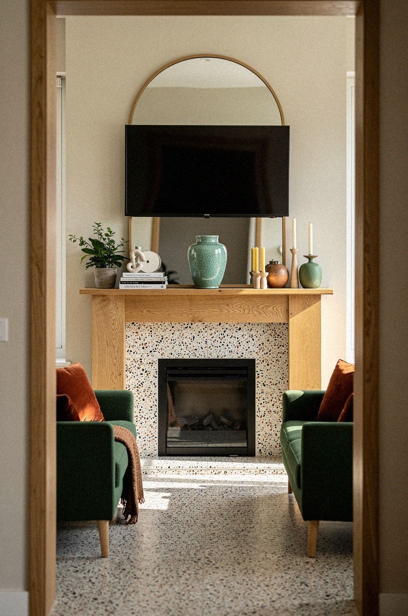 Hang an arched mirror above the firebox