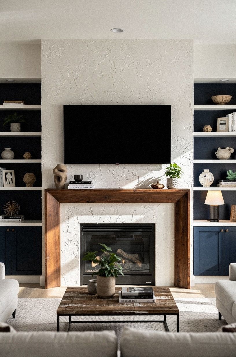 Repeat warm wood frames around the fireplace