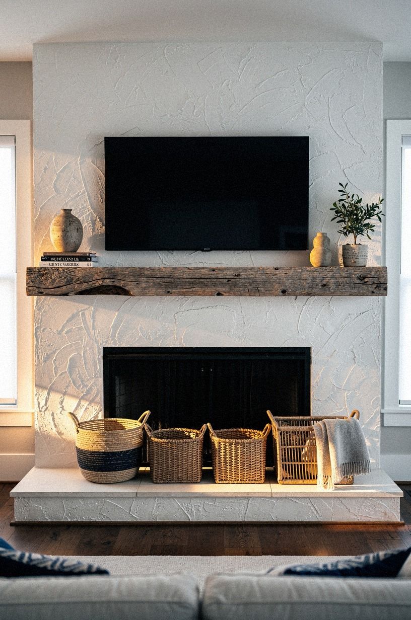 Soften the hearth with woven storage baskets