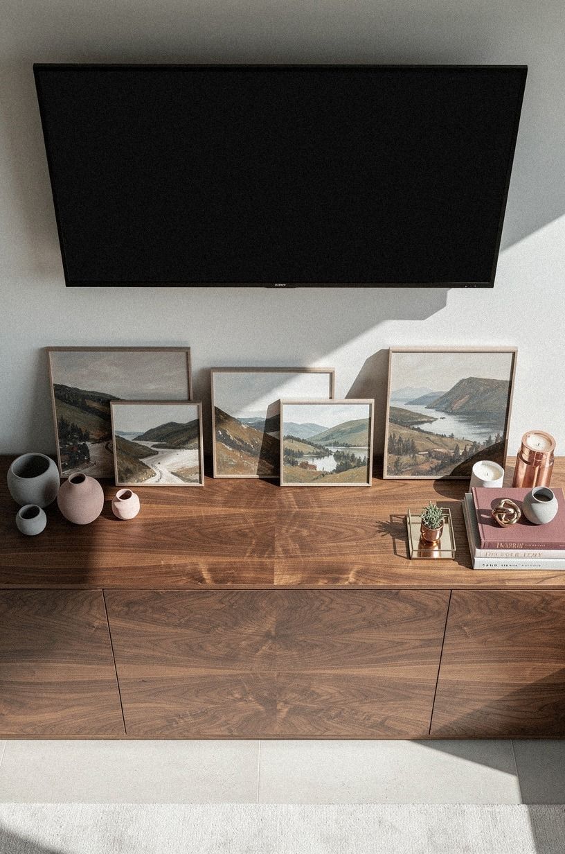 Lean mini landscapes along a short mantel