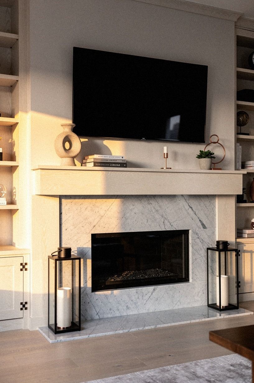 Frame the firebox with matching floor lanterns