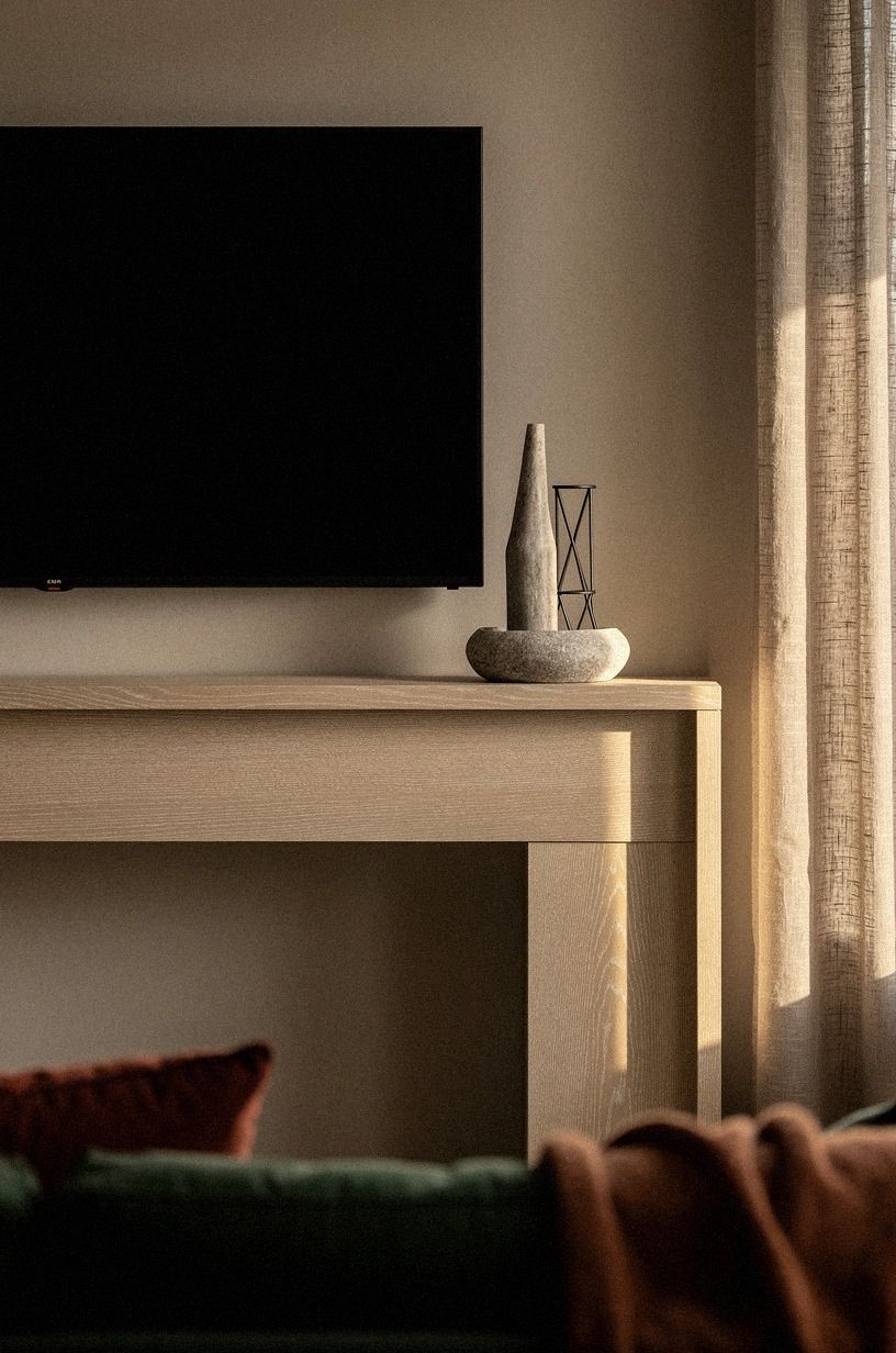 Place one sculptural object on bare wood