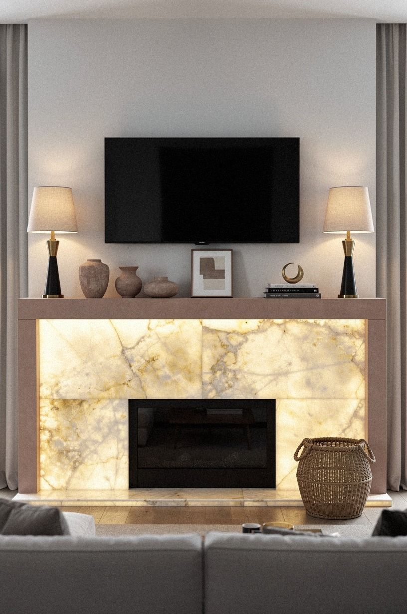 Finish with warm lamps beside the fireplace