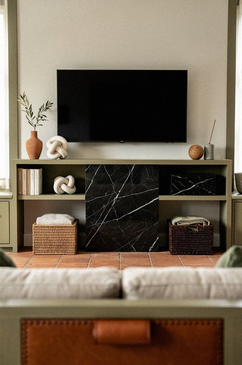 Tuck woven baskets under the side shelves