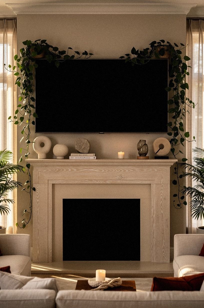 Soften the TV corners with trailing greenery