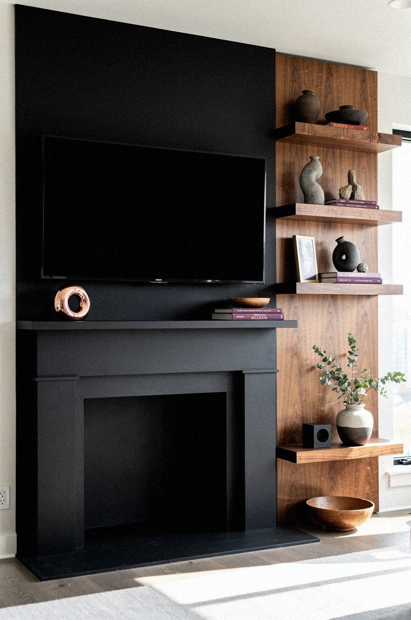 Float chunky oak shelves beside the screen