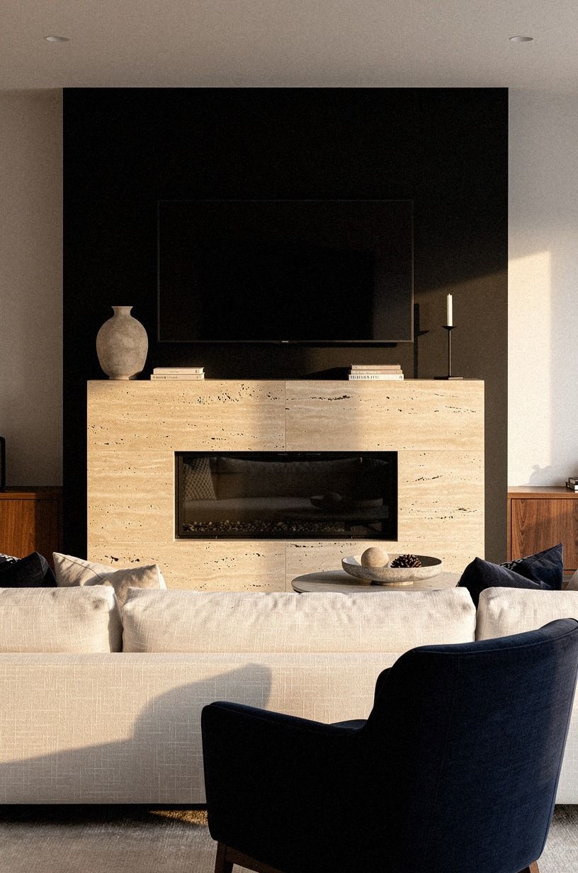 Frame the firebox with creamy stone slabs
