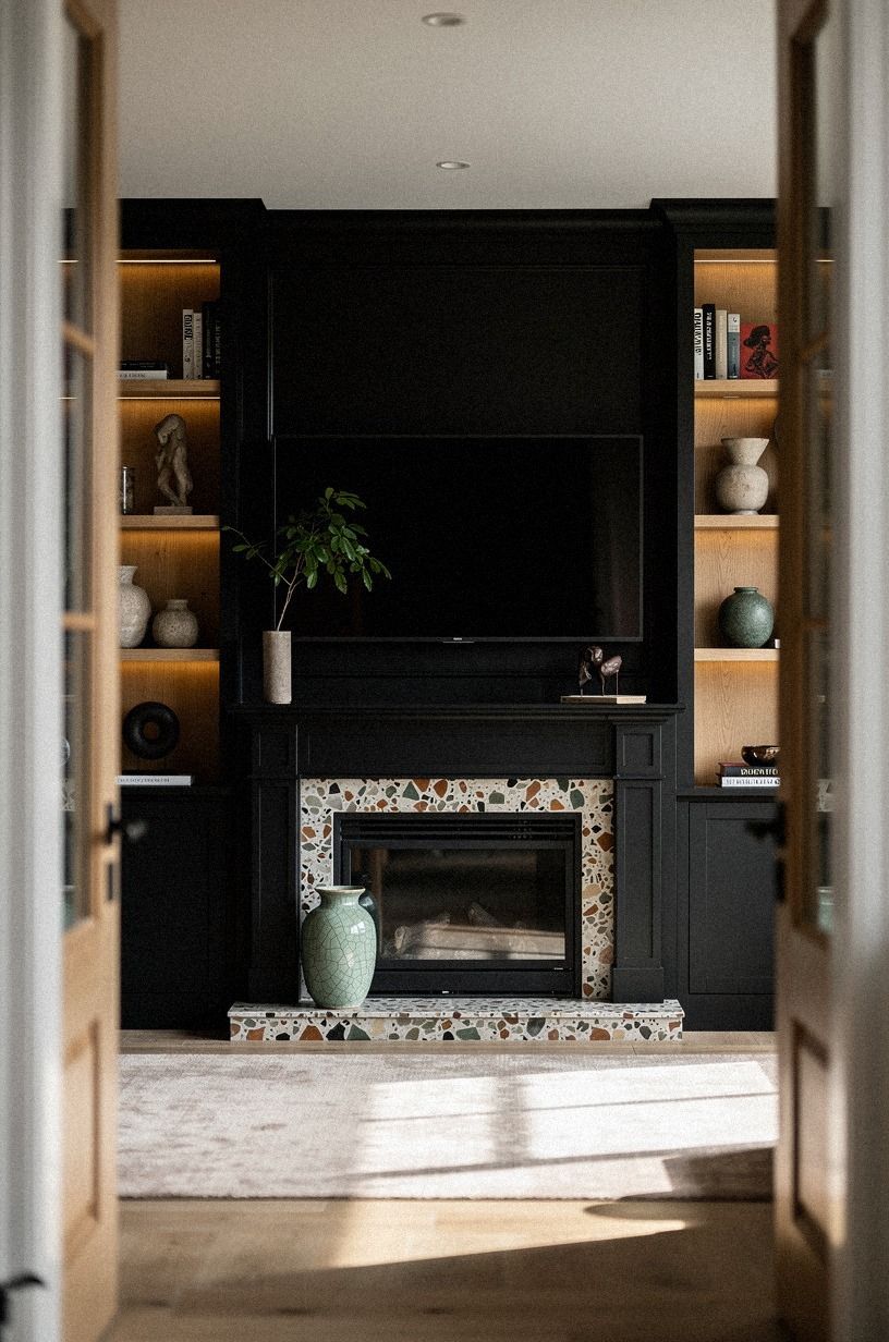 Add picture lights above black built-ins