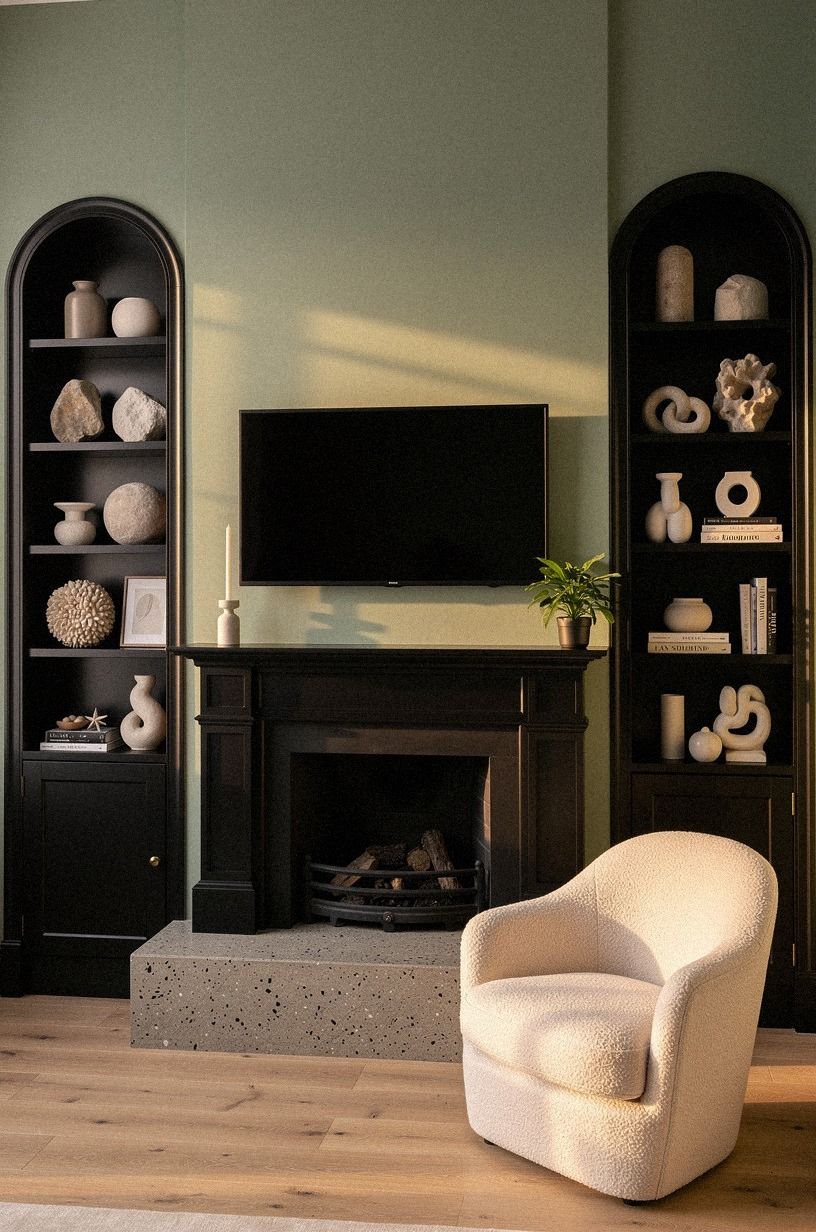 Repeat the TV black in arched cabinets