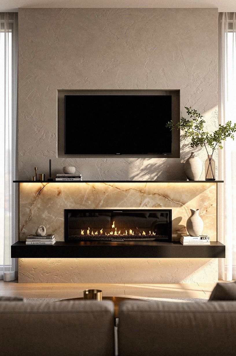 Chose a linear electric fireplace with black glass