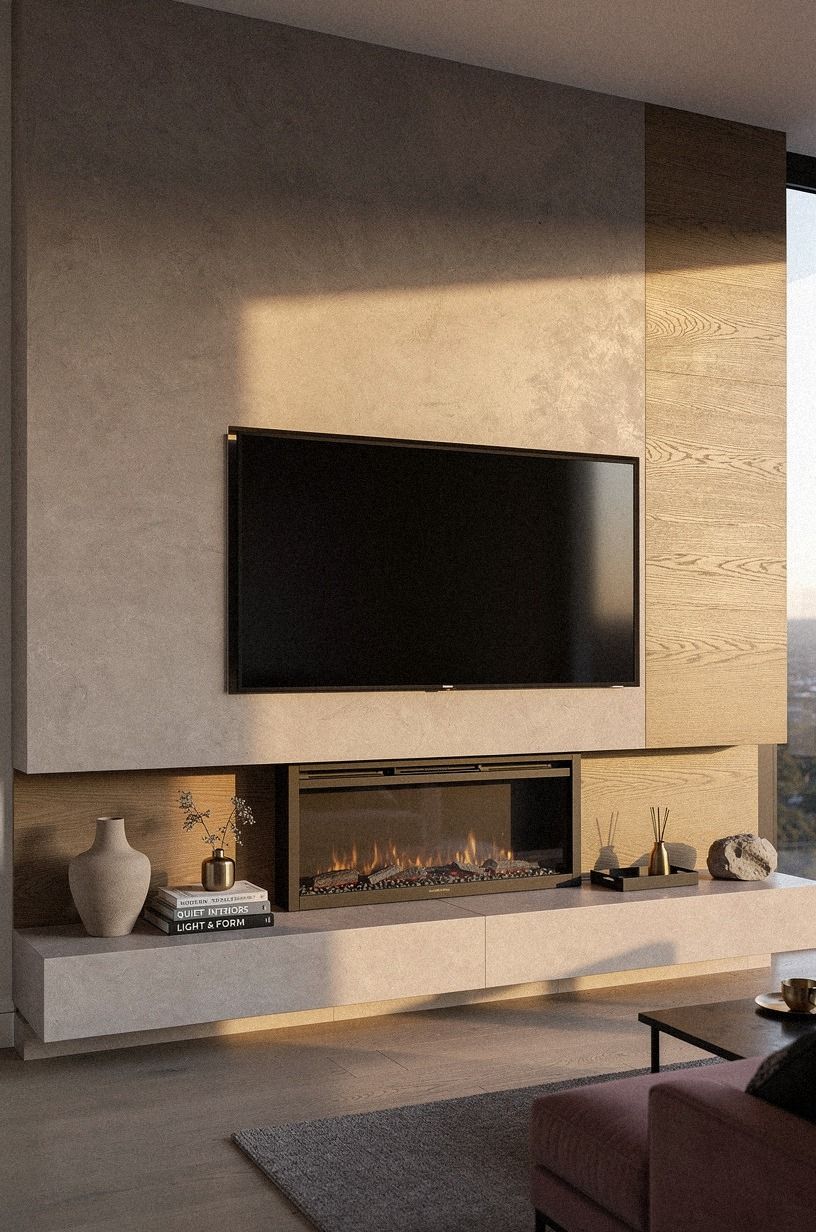 Painted the whole fireplace wall warm greige