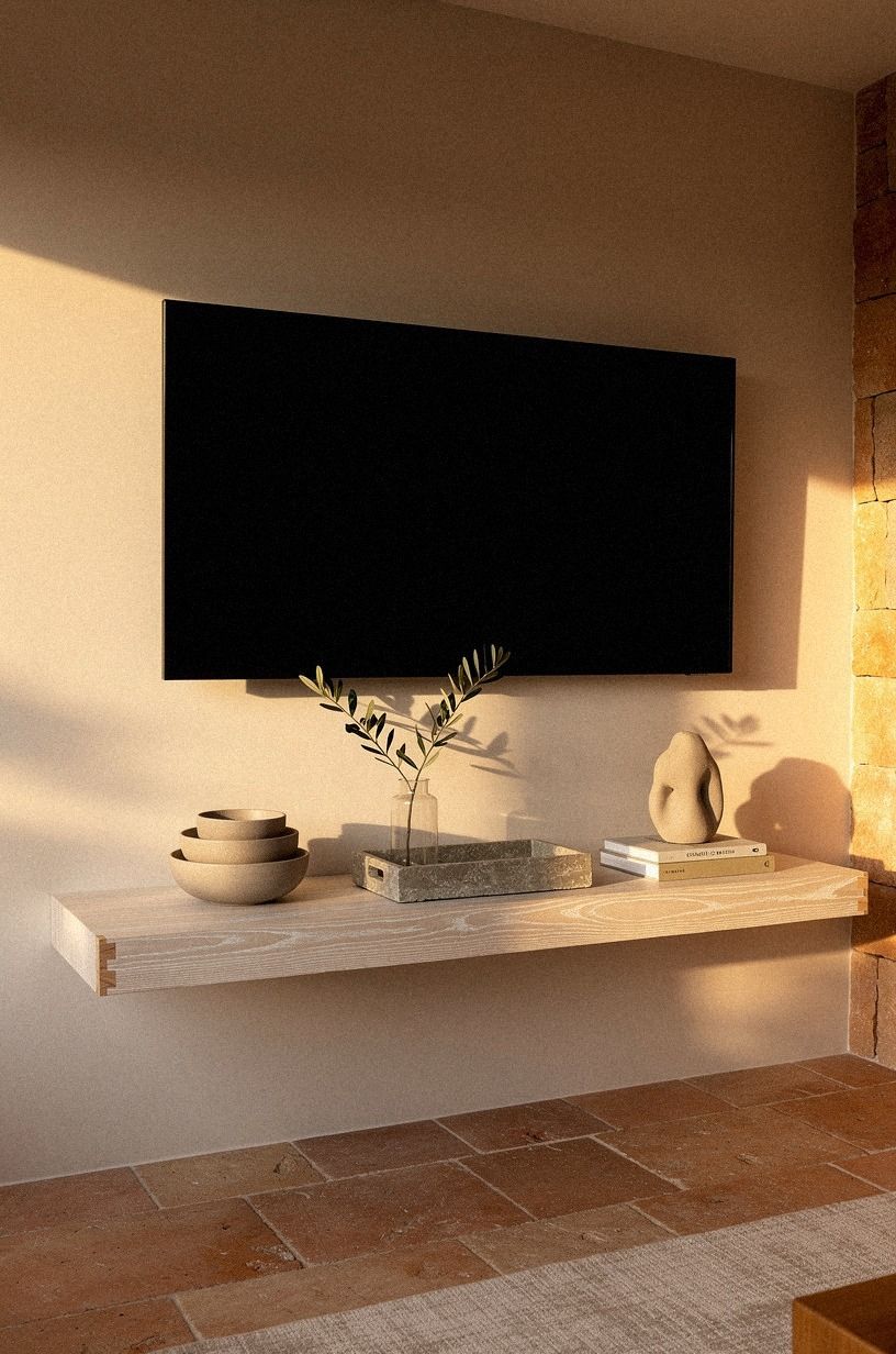 Mount a shallow mantel shelf under the TV