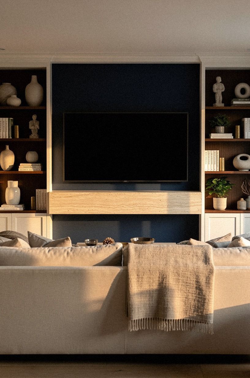 Build slim bookcases around the floating mantel