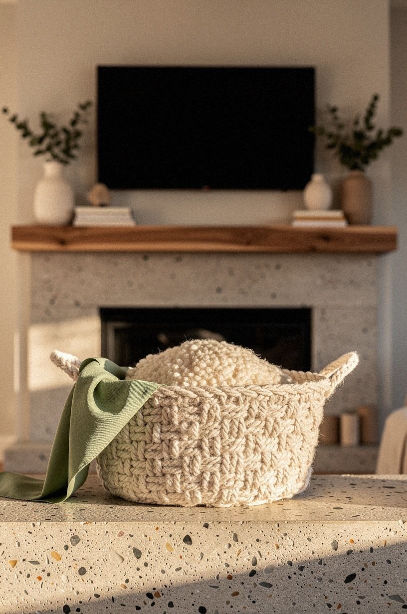 Anchor the hearth with ticking stripe baskets