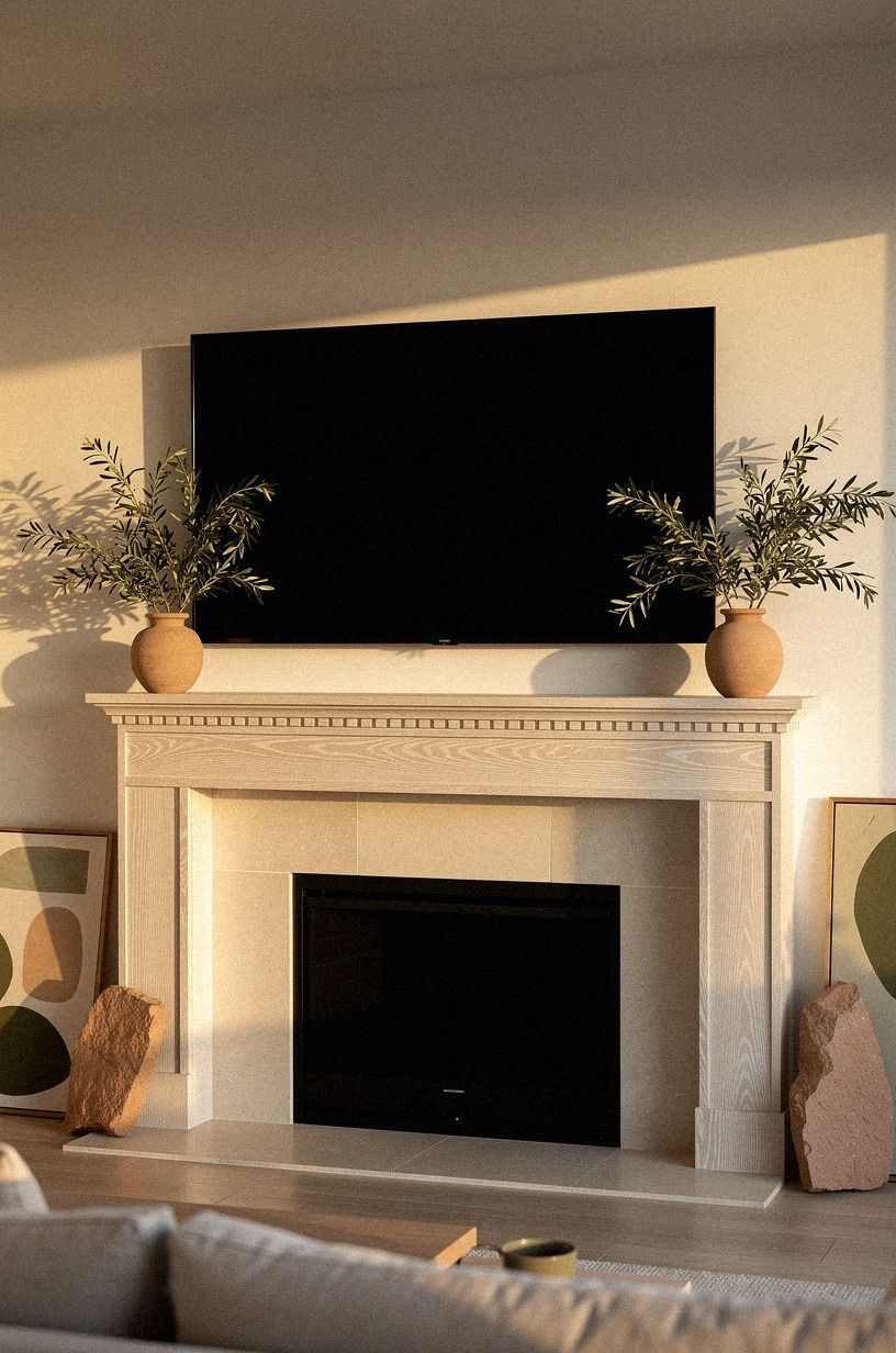 How to Soften a TV Above the Mantel With Greenery and Leaning Art