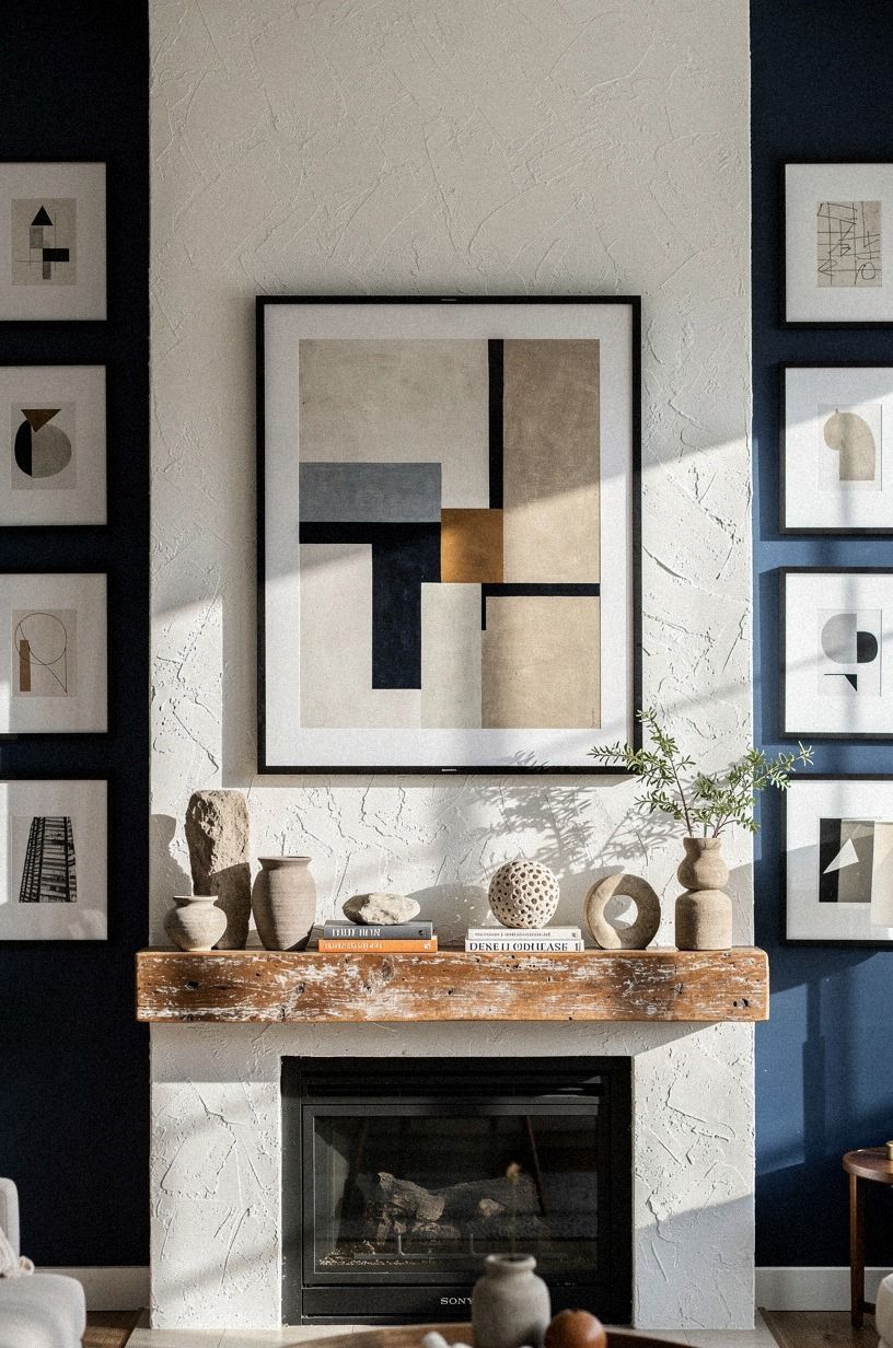 Repeat black frames across the mantel shelf