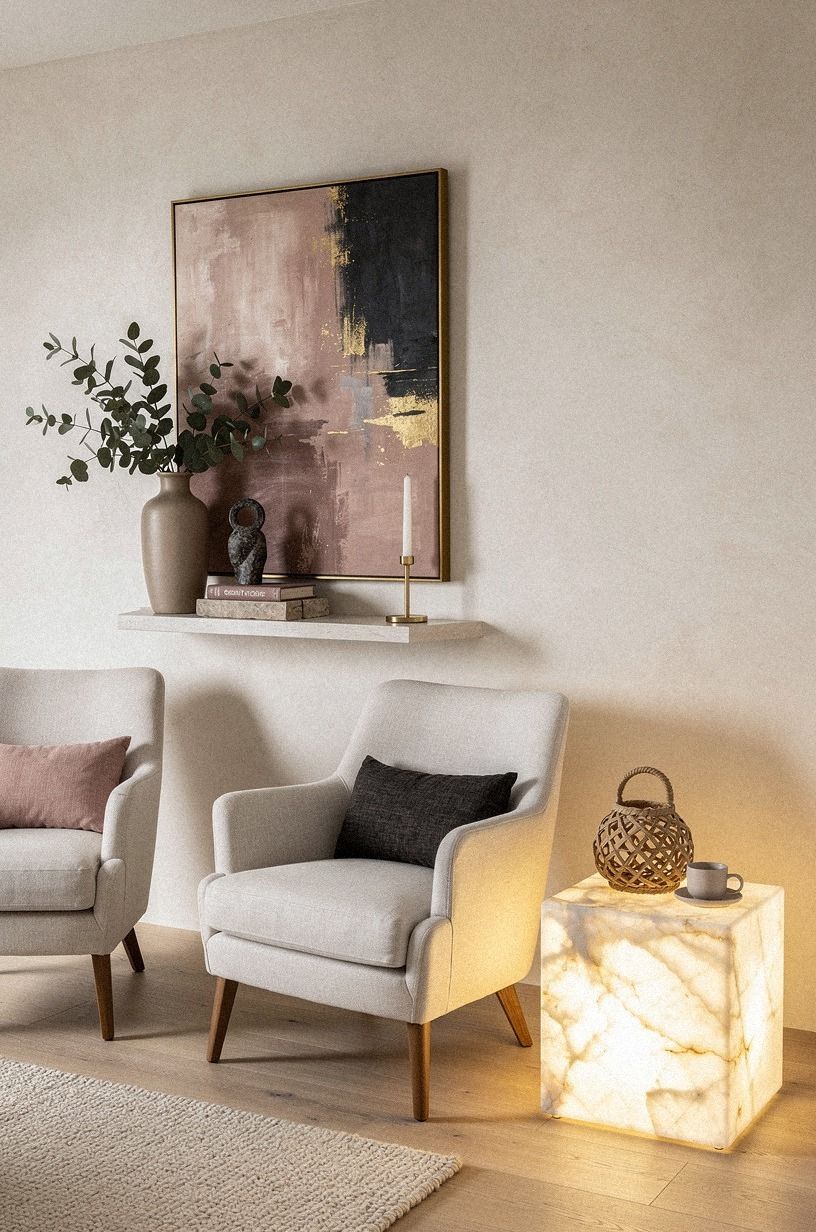 Pull linen chairs toward the mantel wall
