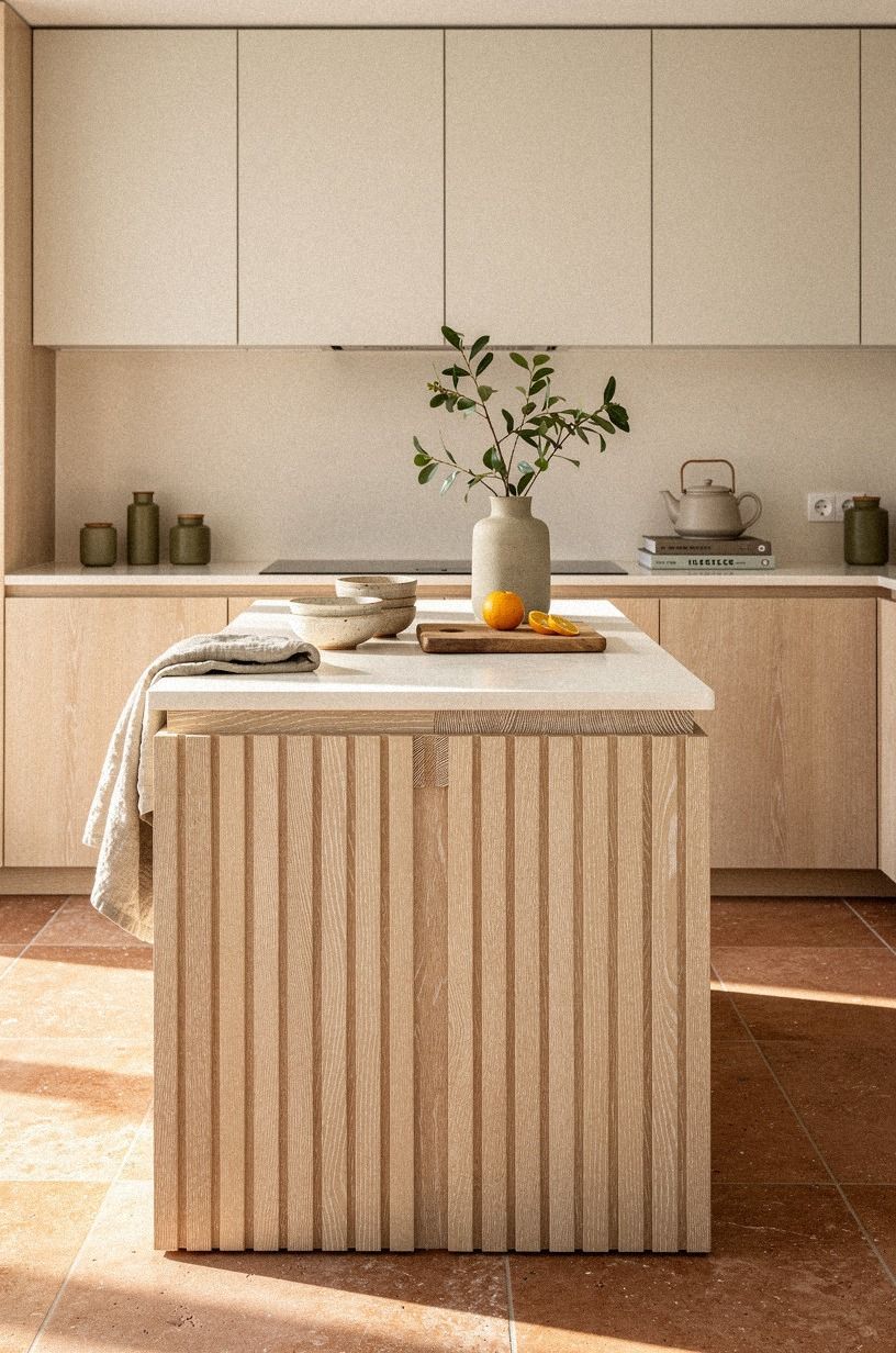 Install slim oak slats on the island (The Quiet-Stripe Rule)