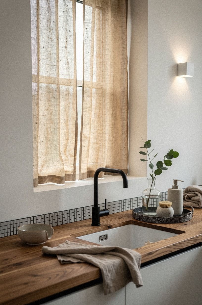 Layer linen cafe curtains over the sink