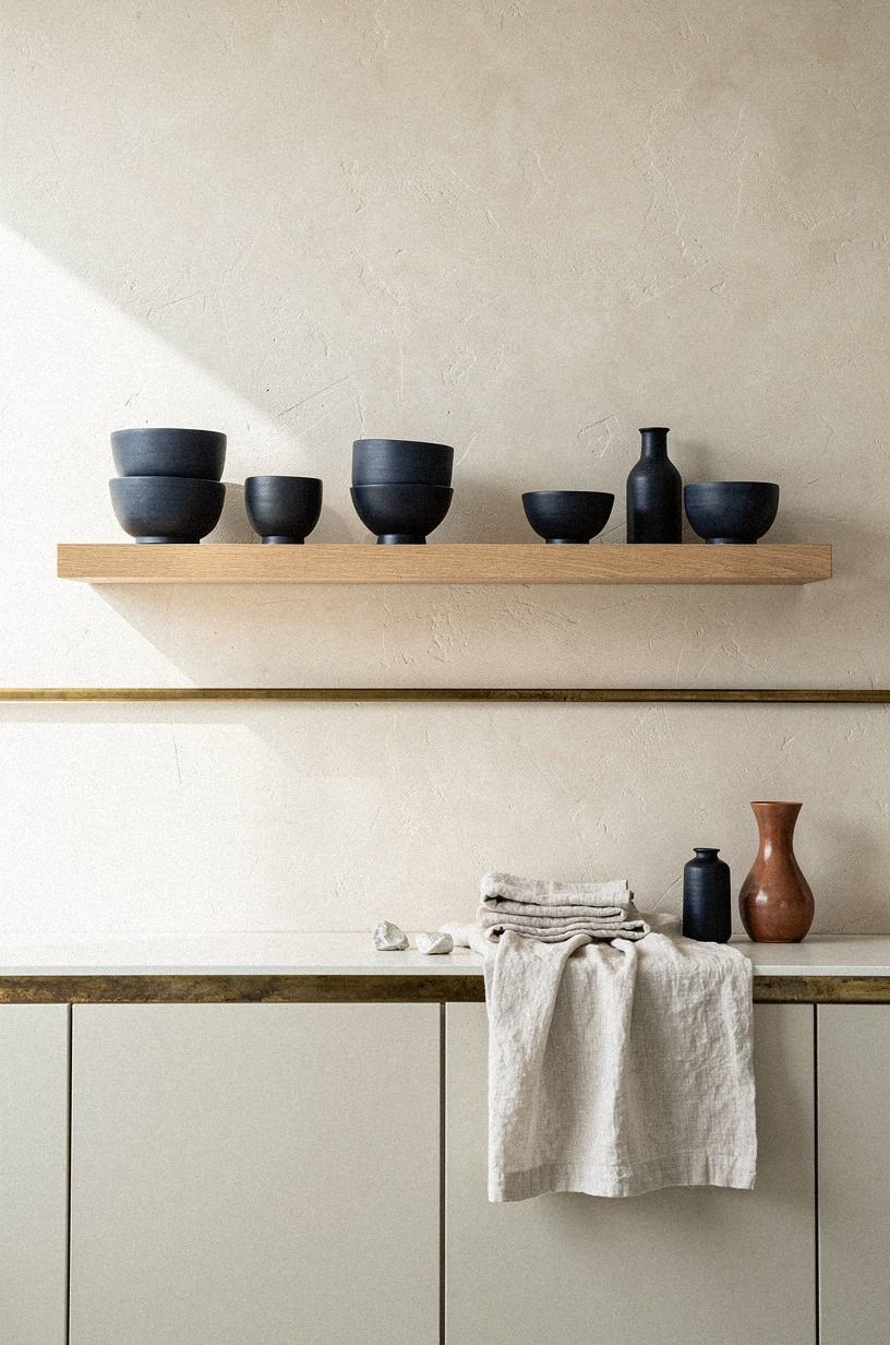 Set handmade bowls on a floating oak shelf