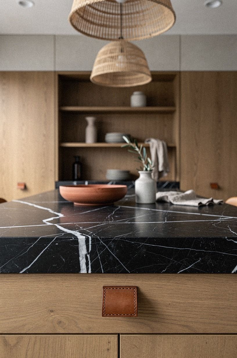 Soften stone counters with woven pendant lights (Instead of metal shades)