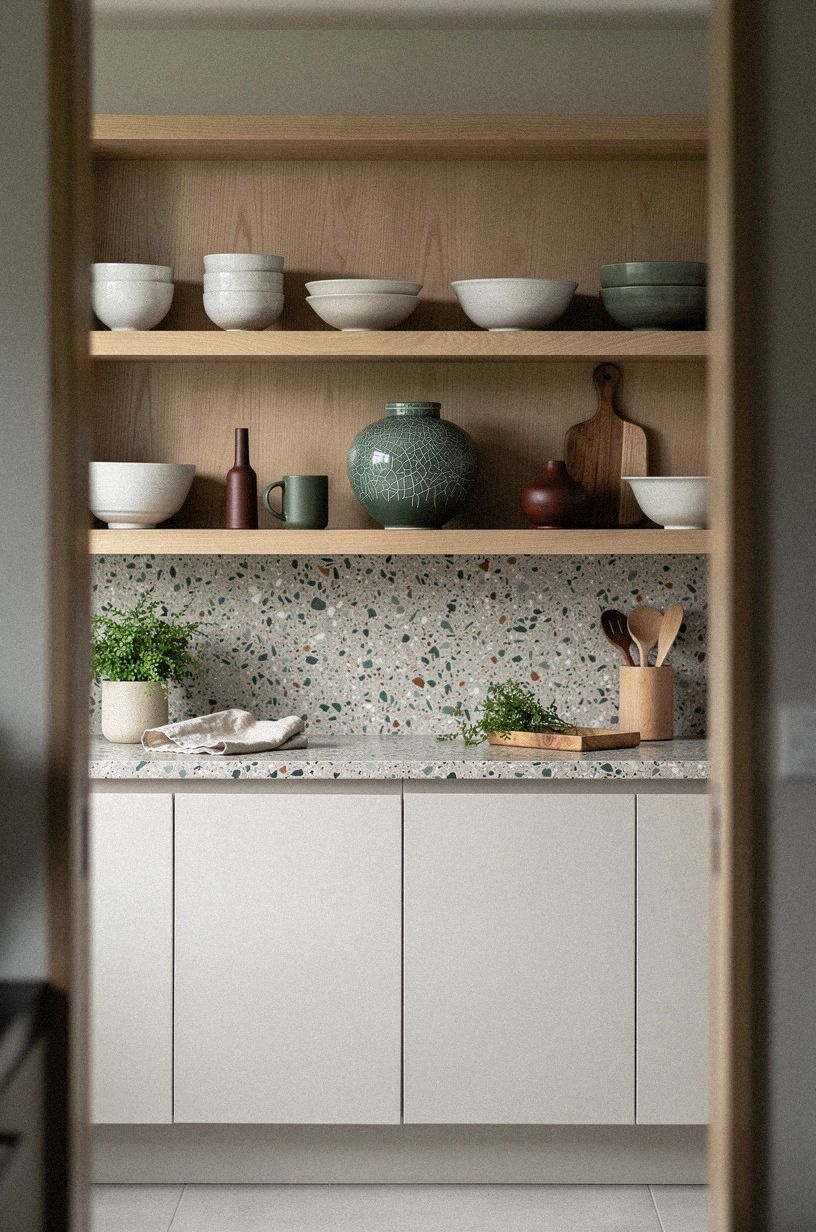 Float open shelves with imperfect ceramic bowls