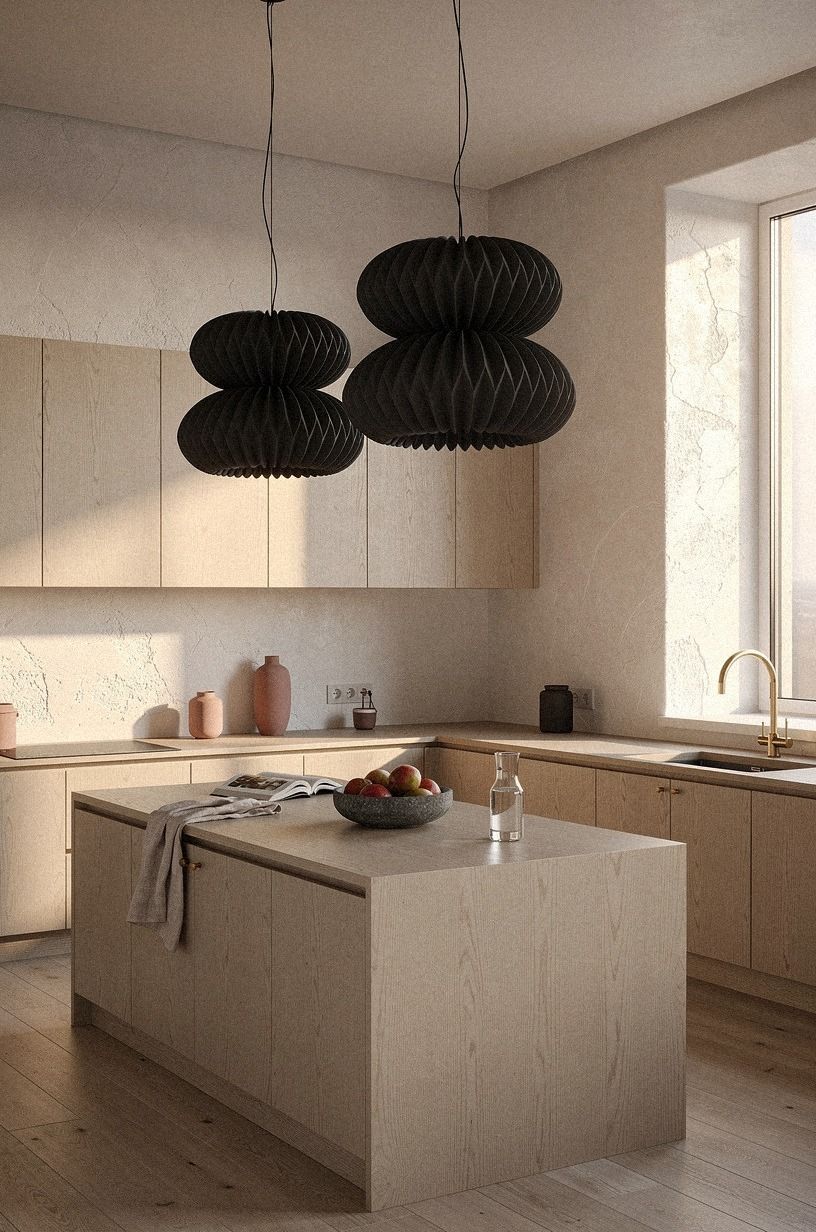 Ground pale wood with charcoal paper pendants