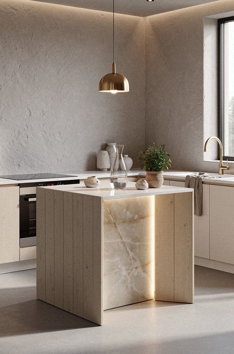 Anchor the island with pale oak panels