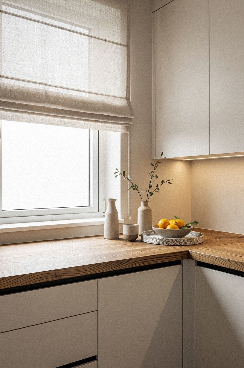 Layer linen roman shades over bare glass