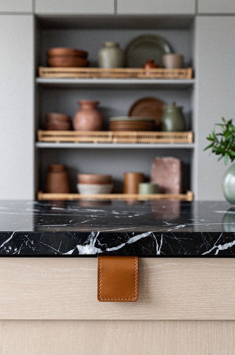 Style shelves with stoneware and bamboo trays