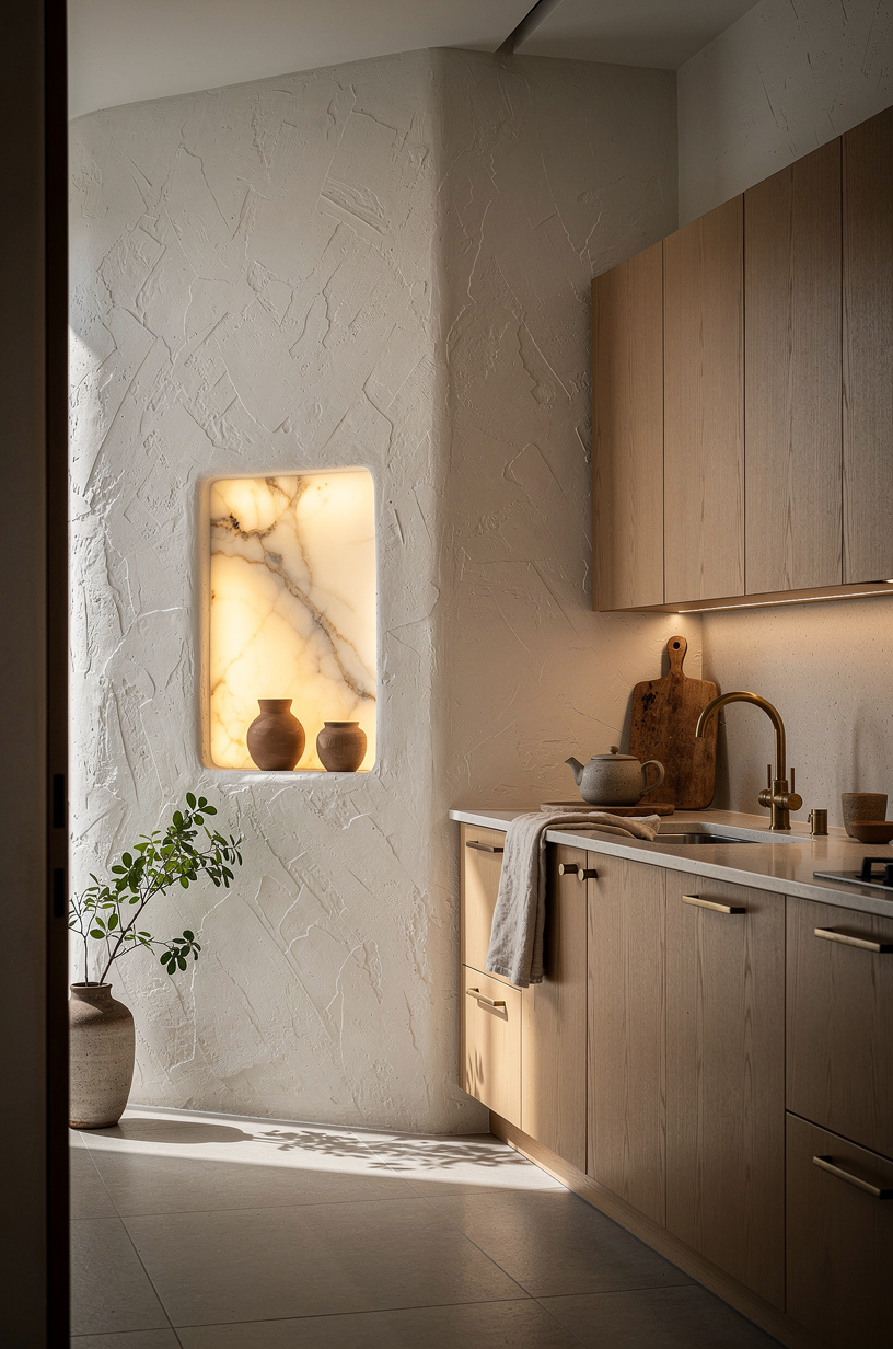 Mix white plaster with warm wood