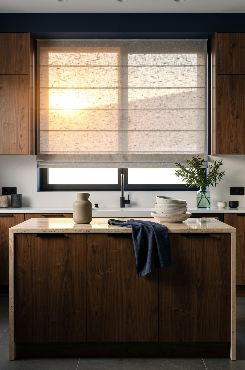 Soften black hardware with linen shades