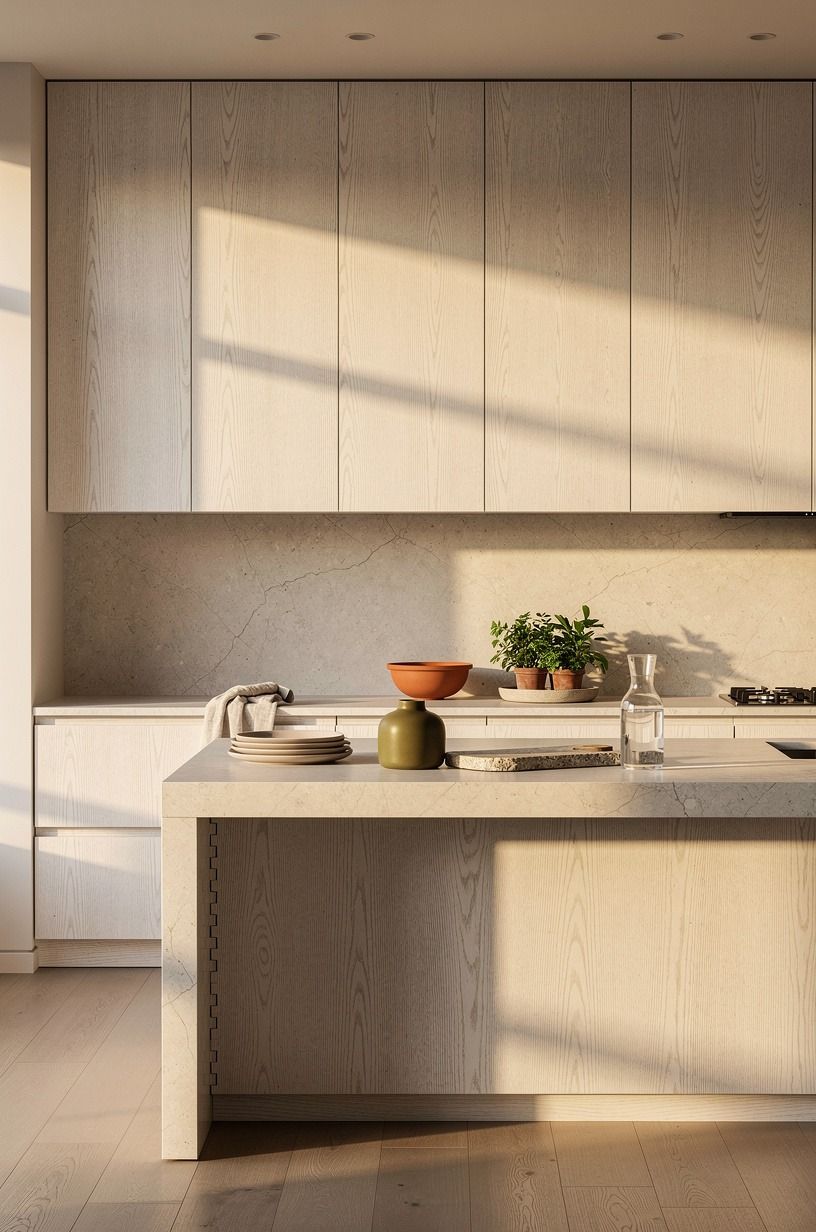 Start with flat-front white oak cabinets