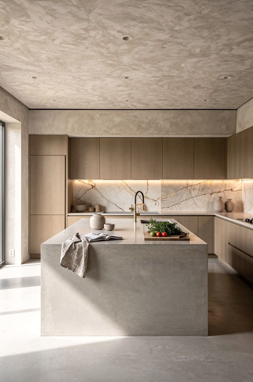 Anchor the island with pale concrete counters