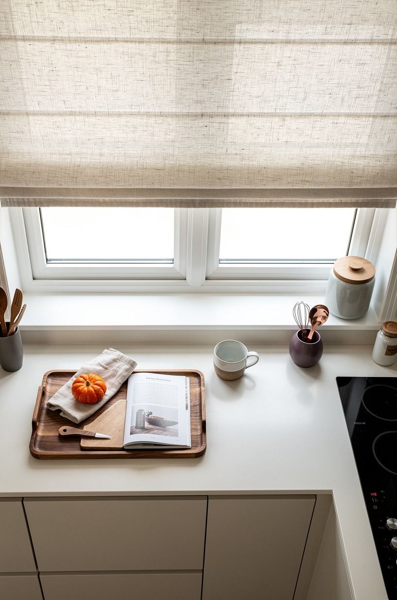 Layer linen roman shades over bare windows