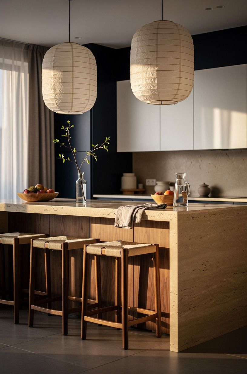 Hang oversized rice paper pendants above seating