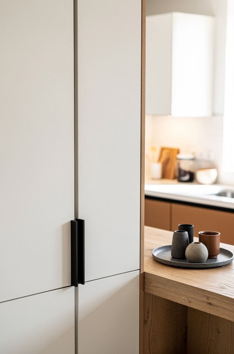 Tuck black pulls into recessed cabinet grooves