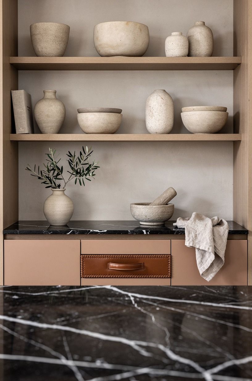 Style open shelves with handmade stoneware