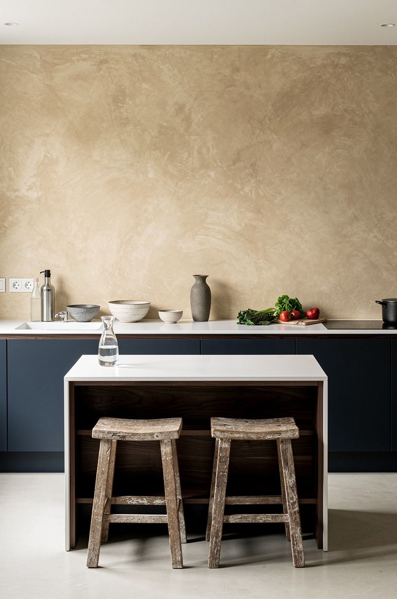 Ground the room with warm beige plaster