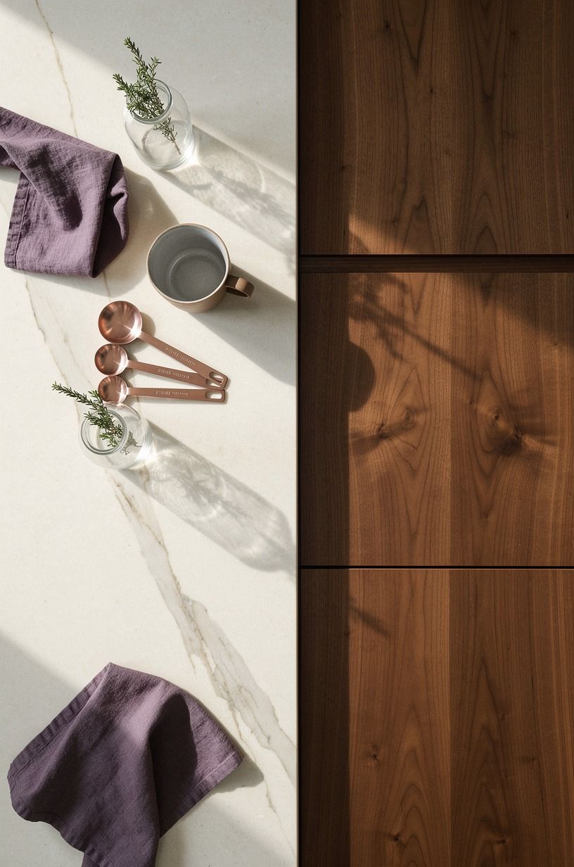 Set pale stone beside warm wood doors
